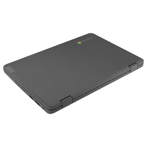 Aerial rear view of Lenovo 300e Yoga Chromebook Gen 4, at an angle, closed showing Chromebook and Lenovo logos on top cover, & hinges
