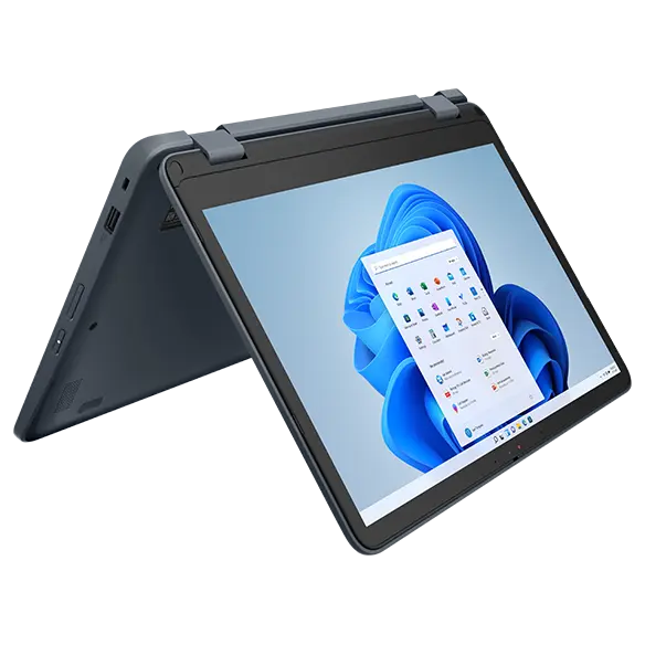 Lenovo 300w Yoga Gen 4 (11” Intel) 2-in-1 laptop – tent mode, from front left, showing Windows menu