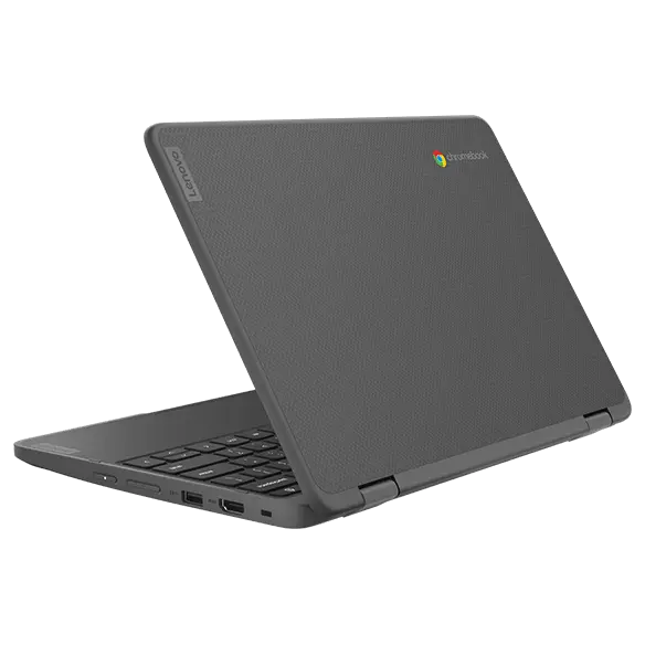 Rear side view of Lenovo 300e Yoga Chromebook Gen 4, slightly opened, at an angle, showing top cover,  part of keyboard, & right-side ports
