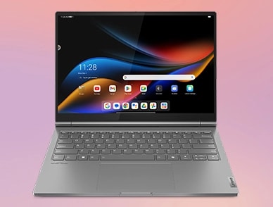 Far-off, front view of the Lenovo ThinkBook Plus Gen 5 Hybrid (14” Intel) laptop open, featuring the Tablet’s unlocked dynamic screen & smooth keyboard base.