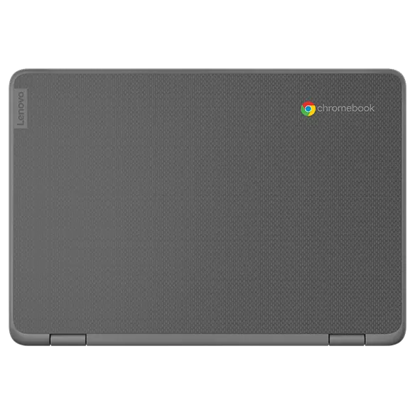 Aerial rear view of Lenovo 300e Yoga Chromebook Gen 4, closed, showing Chromebook and Lenovo logos on top cover