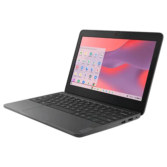 Lenovo 100e Chromebook Gen 4 (11.6” Intel) left facing with home screen on display