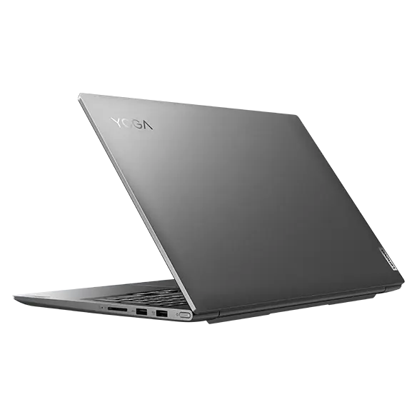 Yoga Slim 7i Pro Gen 7 laptop rear view, facing left, showing keyboard and side ports