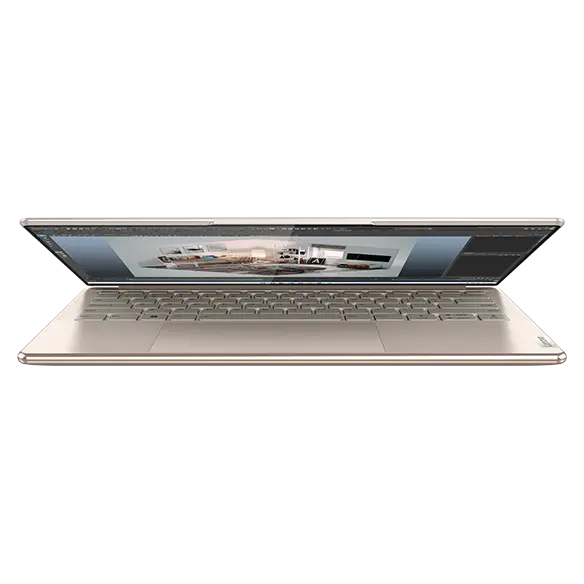 Front facing Lenovo Yoga Slim 9i Gen 7 (14″ Intel) laptop, slightly opened, showing partial display and keyboard