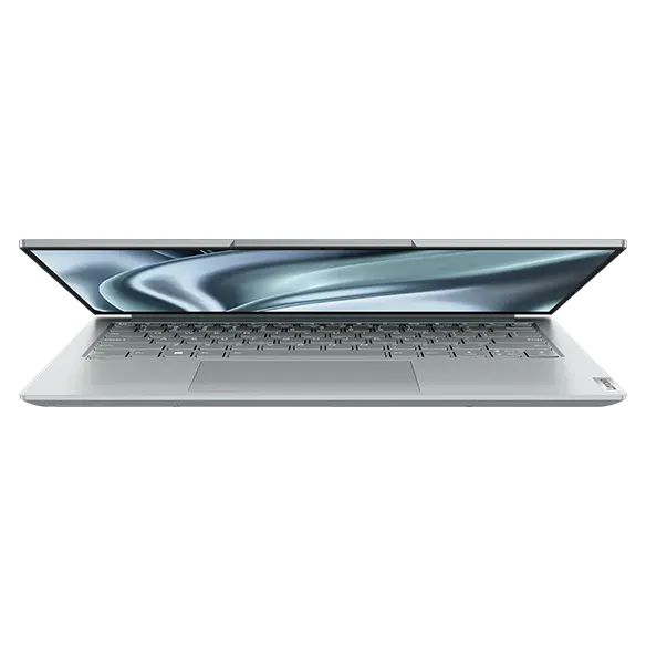 Front-facing view of Lenovo Yoga Slim 7i Pro Gen 7 laptop, slightly open, showing keyboard and display in standby mode