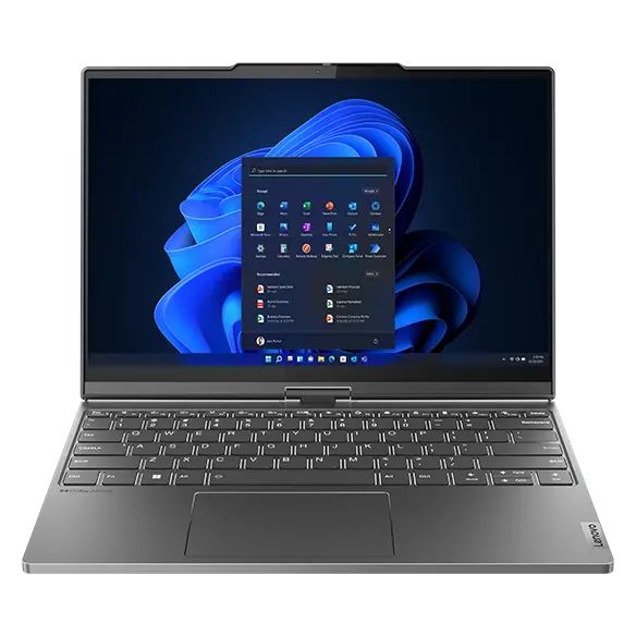 Lenovo ThinkBook Plus Gen 4 (13″ Intel) 2-in-1 laptop—front view, notebook mode, with a Windows menu on the display