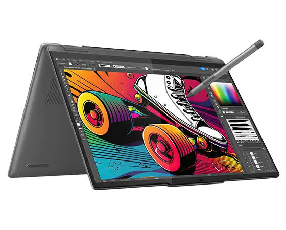 The Yoga 7 2-in-1 Gen 9 (14 Intel) laptop in tent mode, with digital pen