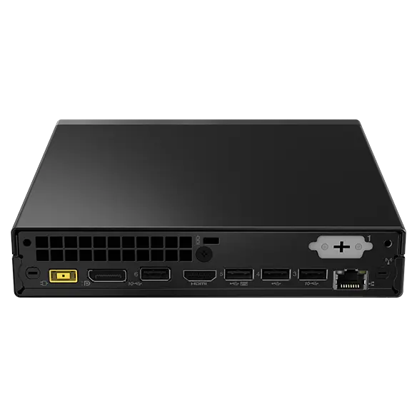 Rear-facing Lenovo ThinkCentre Neo 50q Gen 4 (Intel) Thin Client, laid horizontally, showing rear ports & right-side panel
