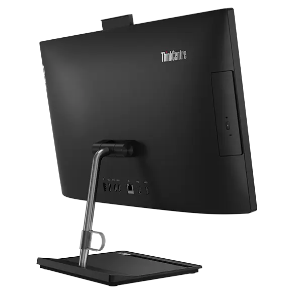 The back of the ThinkCentre Neo 30a Gen 4 (24&quot; Intel) all-in-one business PC, viewed at eye-level from the rear-left side with the back of the pop-up webcam visible.