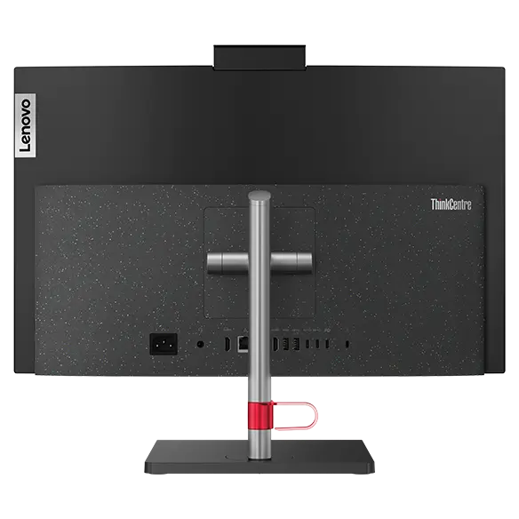 Close up of rear facing ThinkCentre Neo 50a all-in-one PC, showing back of display, stand, and holders for phone and cables