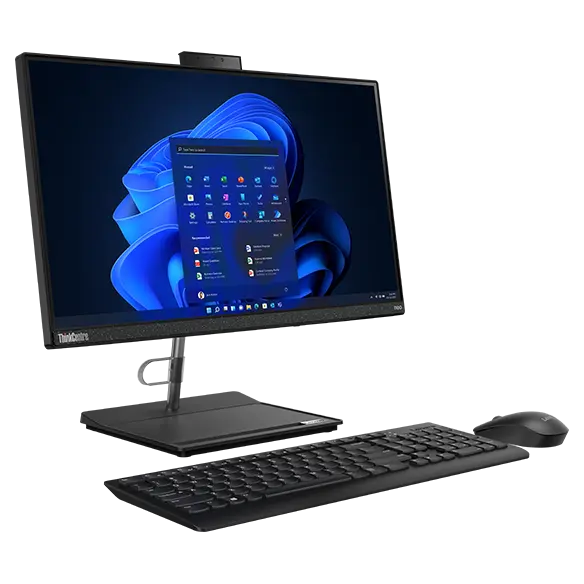 ThinkCentre Neo 30a (22&quot; Intel) all-in-one business PC sitting on its support stand, with keyboard and mouse, viewed at eye-level from the front-left corner, with webcam visible.