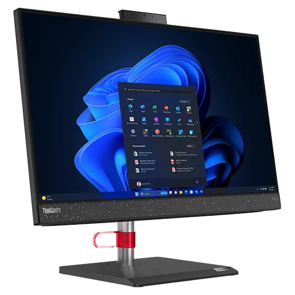 Side-facing ThinkCentre Neo 50a all-in-one PC, showing display with Windows 11 start-up, monitor stand, & smart cable clip. 
