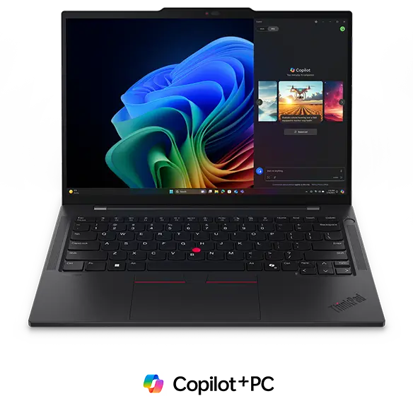 Overhead shot of the Lenovo ThinkPad T14s Gen 6 laptop open, with Microsoft Copilot & rainbow colored bloom on the display.