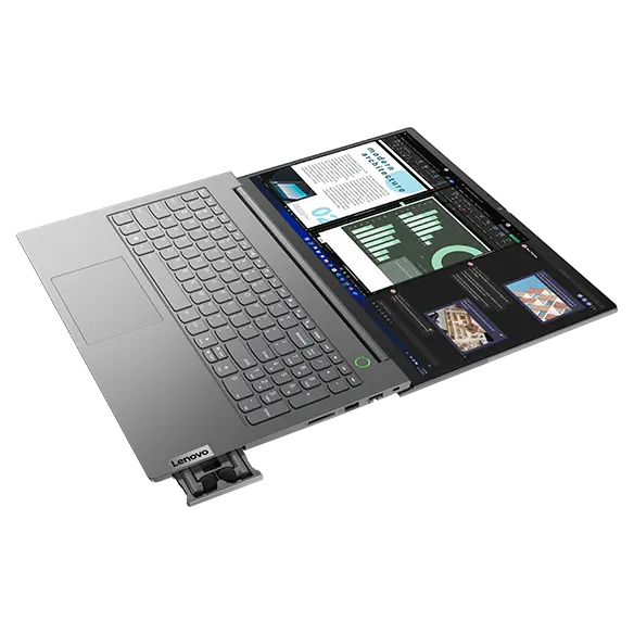 Top left angle view of an open Lenovo ThinkBook 15 Gen 4 (Intel) laptop laying flat, showing the keyboard, trackpad, display, and open Versa Bay