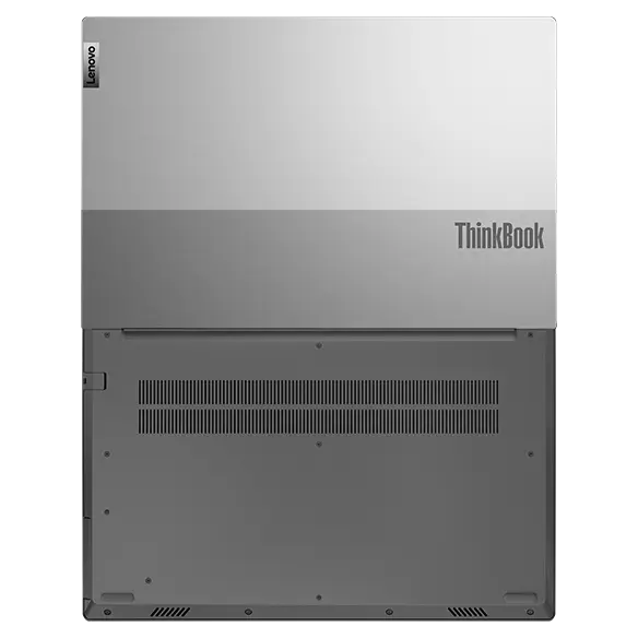 Bottom view of the Lenovo ThinkBook 15 Gen 4 (Intel) laying flat, showing the dual-tone silver color and bottom vents