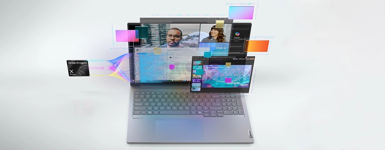 Image of Lenovo ThinkBook 16 Gen 7 (16” Snapdragon) laptop open, showing illustrations of powerful Snapdragon X Plus processor, video calling features, Copilot capabilities, etc. — all in one.