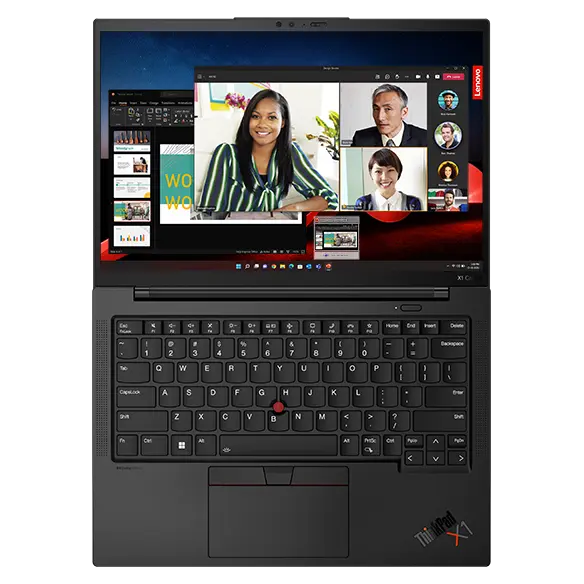 Lenovo ThinkPad X1 Carbon laptop: Top/front view, lid open flat, with a video conference on the display