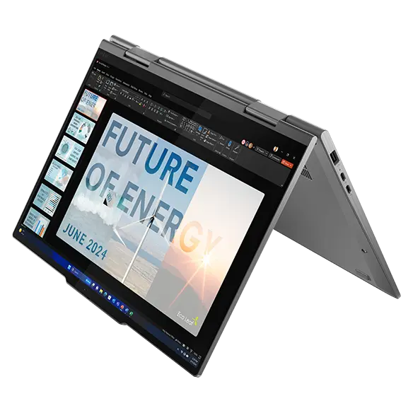 Lenovo ThinkPad X1 2-in-1 convertible laptop in tent mode, showcasing the 14 inch display.