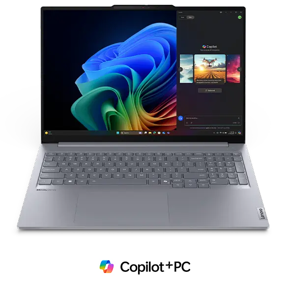 Close-up, front view of Lenovo ThinkBook 16 Gen 7 (16” Snapdragon) laptop opened 90 degrees, focusing its 16 inch wide screen with a Copilit’s window opened on screen & featuring its smooth keybord & touchpad.