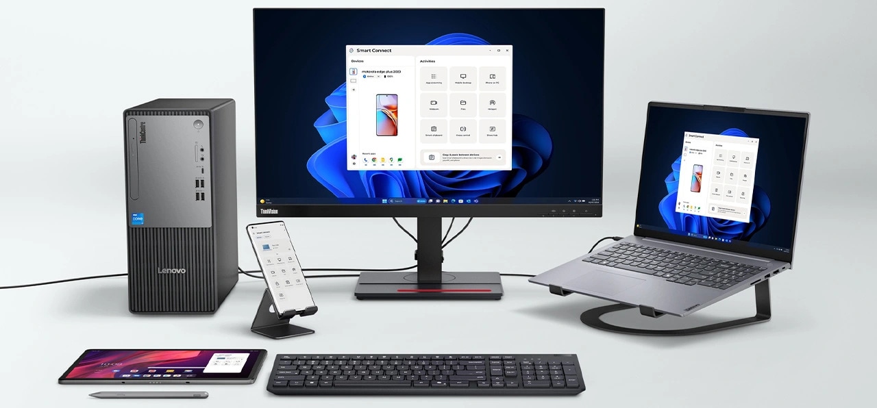 Lenovo ThinkCentre Neo 50t Gen 5 (Intel) Tower – synchronisiert mit mehreren Geräten über die Smart Connect App.