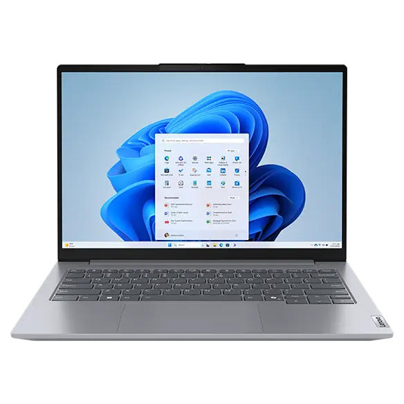 Far-off, front view of Lenovo ThinkBook 14 Gen 7 (14 inch Intel) laptop opened at 90 degrees, focusing its keyboard & screen with Windows 11 Pro menu opened on the screen.