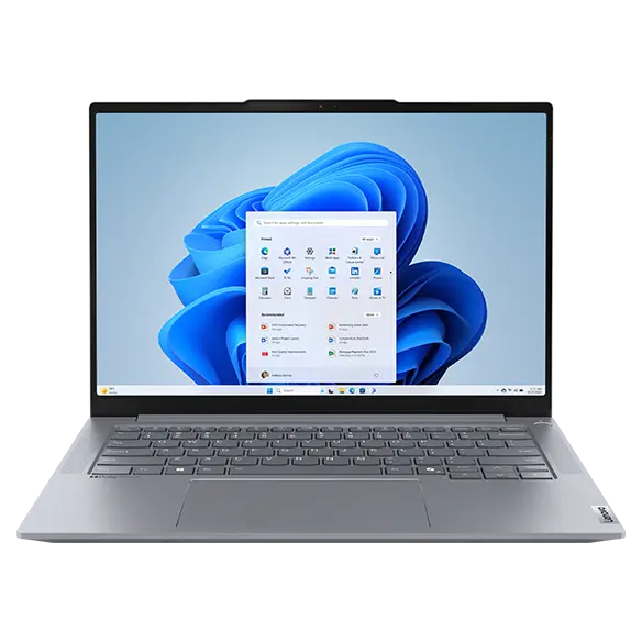 Forward-facing Lenovo ThinkBook 14 Gen 6+ (14 inch Intel) laptop, opened, showing 14 inch display & keyboard