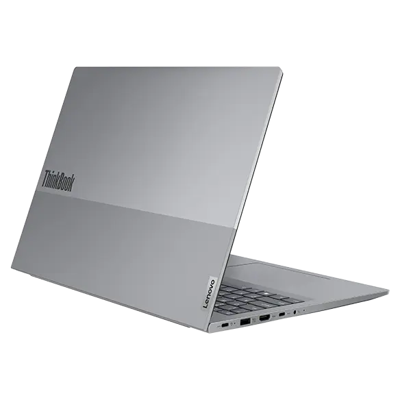 Rear-side of the Lenovo ThinkBook 16 Gen 7 laptop open, showcasing the dual-toned cover & left-side ports.