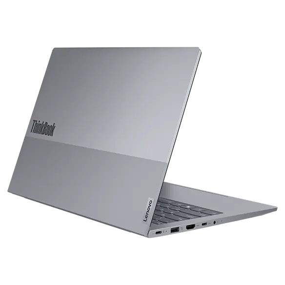 Rear-side of the Lenovo ThinkBook 14 Gen 7 laptop open, showcasing the dual-toned cover & left-side ports.