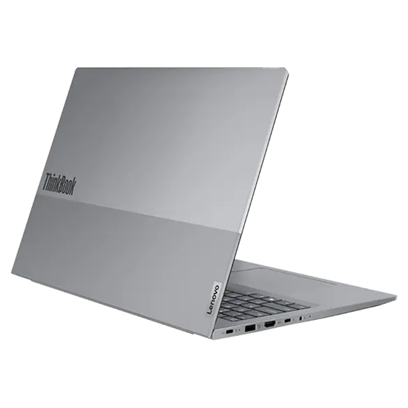Rear-facing Lenovo ThinkBook 16 Gen 6 laptop showcasing dual-toned top cover with left-side ports.