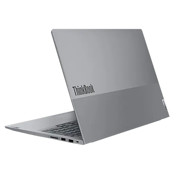 Rear-facing Lenovo ThinkBook 16 Gen 6 laptop showcasing dual-toned top cover with right-side ports.