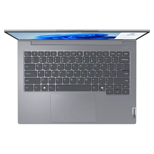 Close up, top view of Lenovo ThinkBook 14 Gen 7 (14 inch Intel) laptop opened at 90 degrees, majorly focusing on its redesigned keyboard.