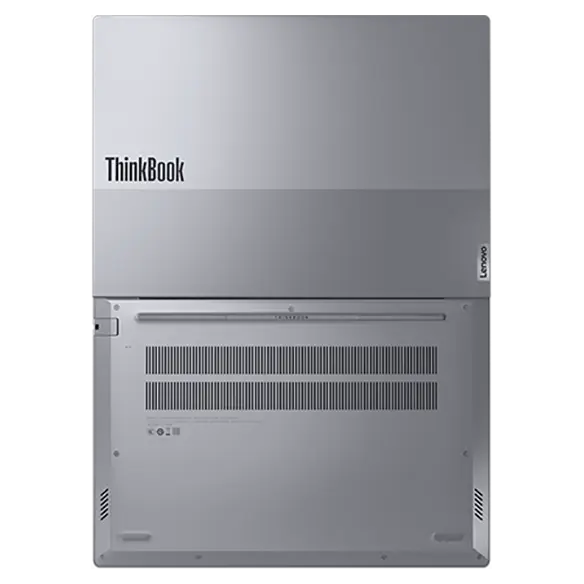 Overhead shot of the Lenovo ThinkBook 14 Gen 6 laptop open 180 degrees, showcasing the dual-toned top cover & bottom with vents.