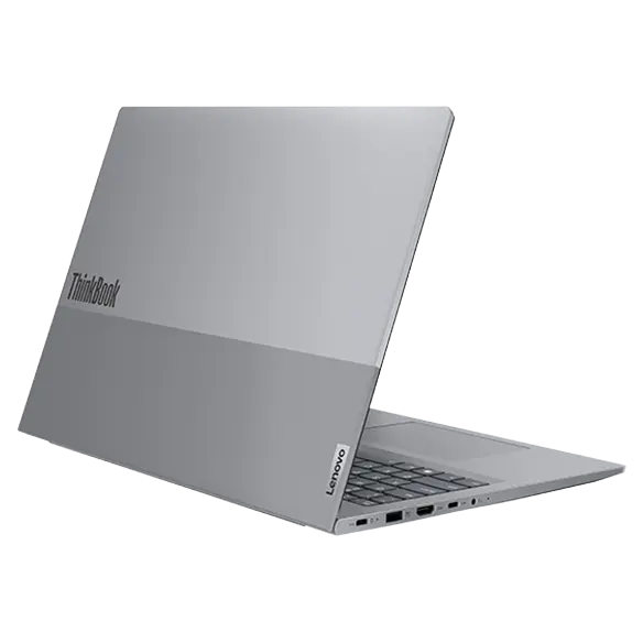 Rear-facing Lenovo ThinkBook 16 Gen 6 laptop showcasing dual-toned top cover with left-side ports.