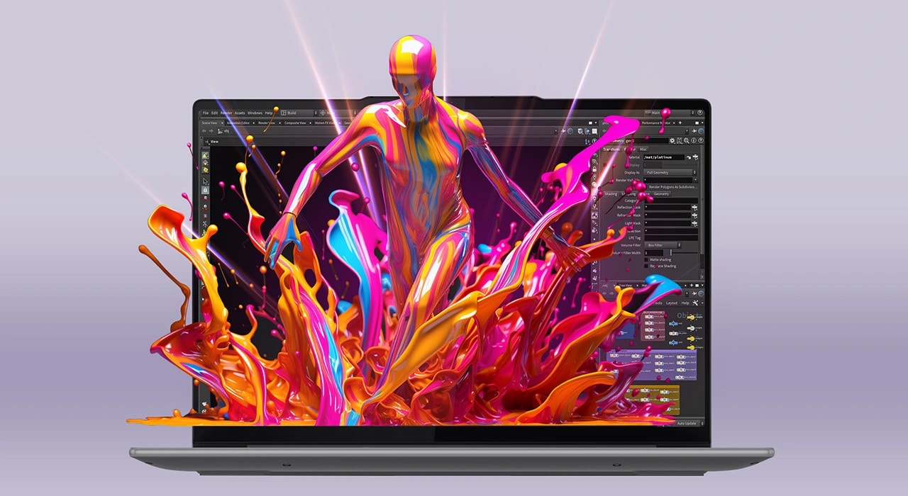 Lenovo Yoga Pro 7 Gen 9 Laptop (14" AMD) — Front view, lid open, with colorful, painterly graphics emerging from the display as human figures.