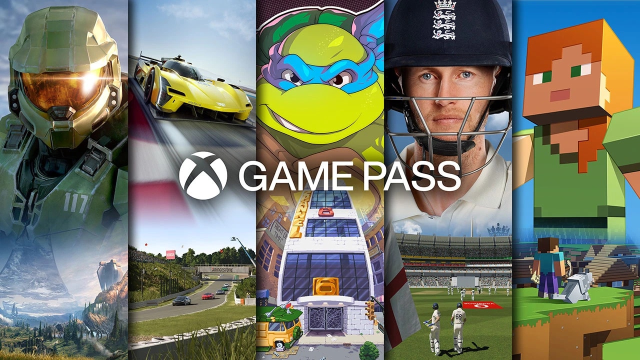 An image depicting some of the game selections in Xbox Game Pass. It's a collage of various video game characters and scenes, including Master Chief from "Halo," a yellow race car from "Forza Horizon 5," Leonardo from "Teenage Mutant Ninja Turtles: Shredder's Revenge," a cricket player wearing a helmet from "Cricket 24," and Minecraft Steve from "Minecraft".