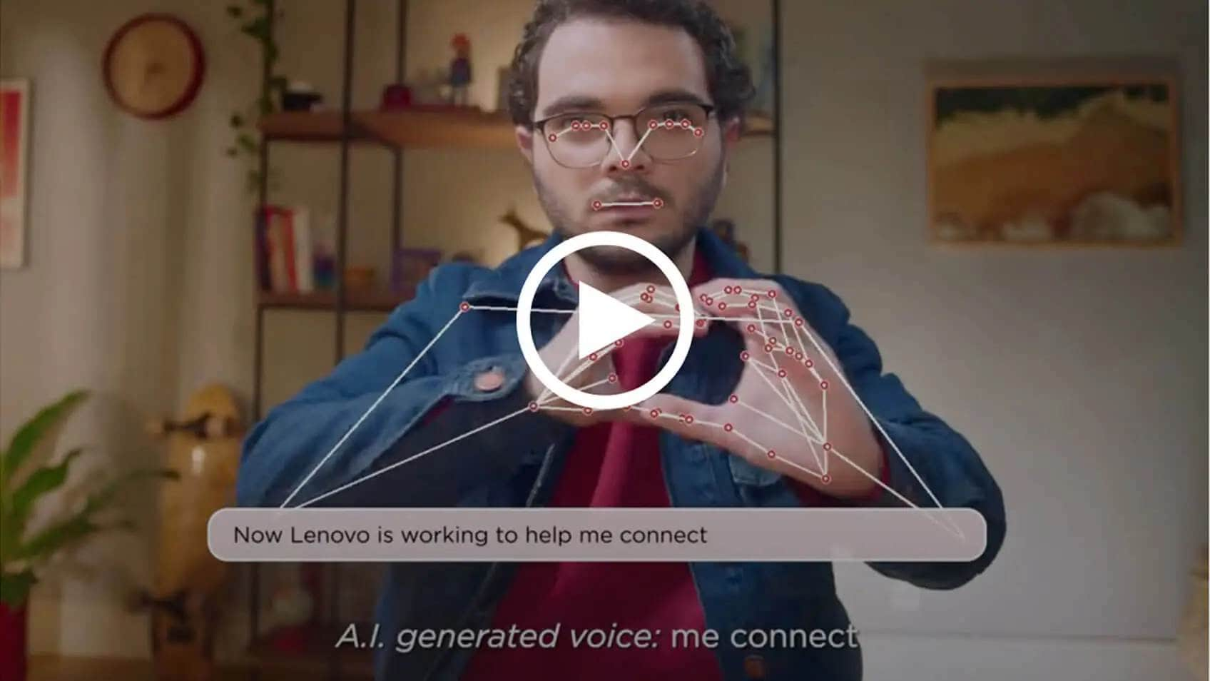 A man communicating in sign language as AI interprets his gestures on the screen