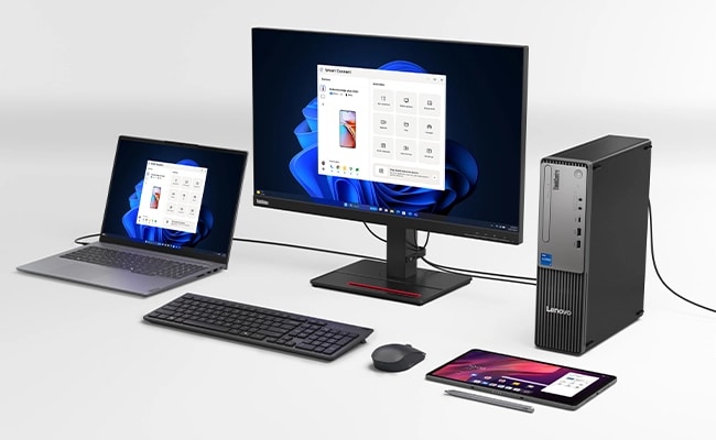 Lenovo ThinkCentre Neo 50s Gen 5 (Intel) SFF connects to different devices via optional Smart Cable & more.