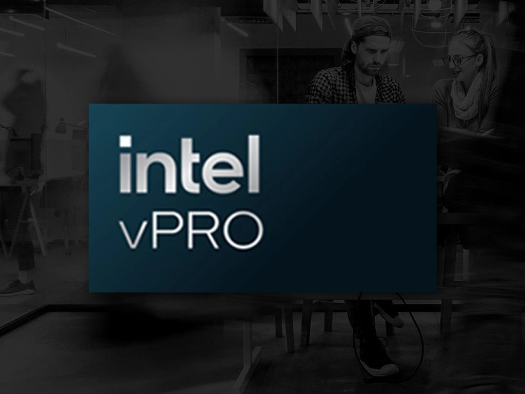 The Intel Evo logo against a dark background showing a dimly lit office setting