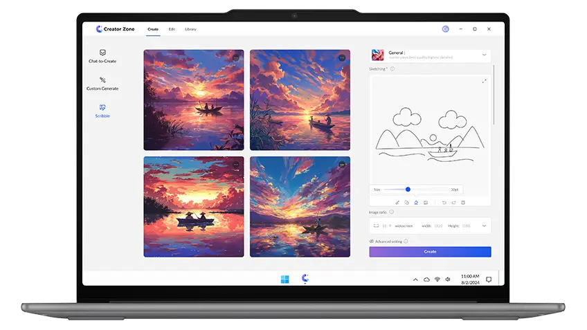 A Lenovo laptop screen displaying the 'Creator Zone' interface with four AI-generated sunset landscape images on the left and a simple drawing of a boat and mountains on the right, demonstrating the process of transforming a sketch into digital art.