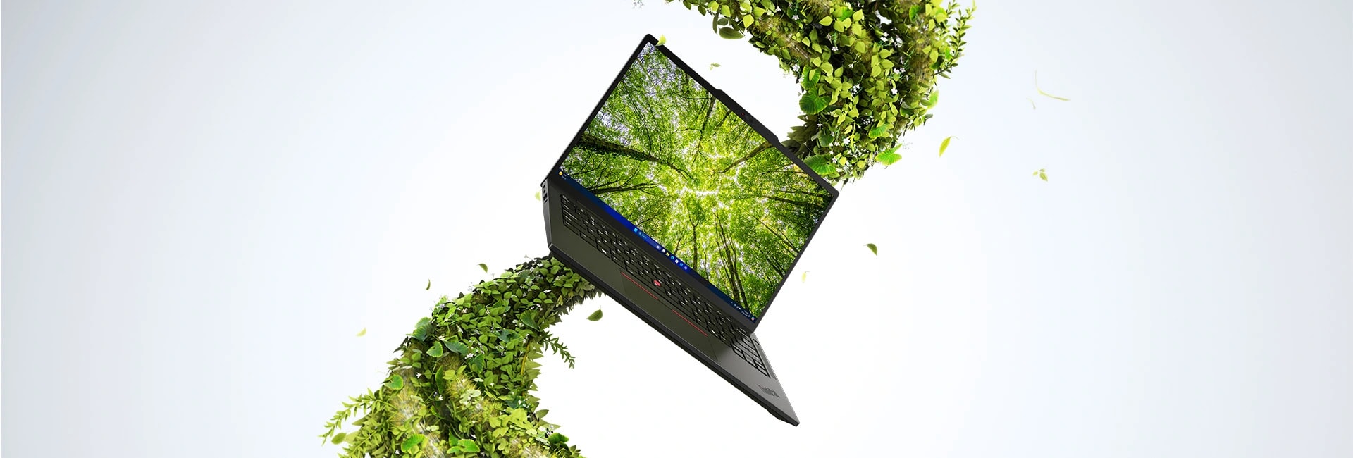 Vorderansicht des Lenovo ThinkPad T14s Gen 6 (14'' AMD) Notebooks, das in der Luft schwebt. Auf dem Bildschirm wird ein lebhaftes Bild angezeigt, das seine visuelle Brillanz hervorhebt, während es von wirbelnden Blättern umgeben ist.