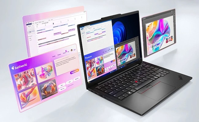 Das Lenovo ThinkPad T14s Gen 6 (14'' AMD) Notebook von links vorne – am Bildschirm sind mehrere geöffnete Apps mit Abbildungen anderer Apps zu sehen, die sich um den Laptop herum bewegen, wobei der Schwerpunkt auf Multitasking-Fähigkeiten liegt.