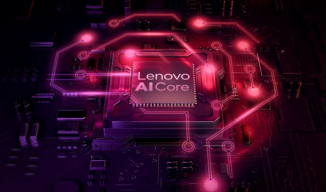 A Lenovo AI core processor lit up with red lights.