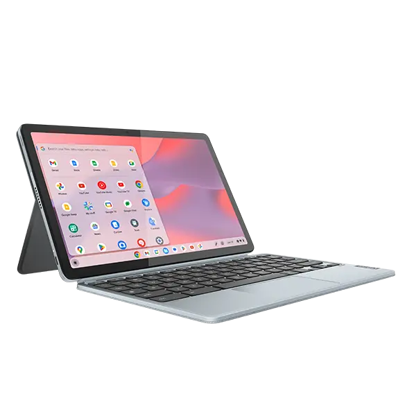 Lenovo IdeaPad Duet 3 Chromebook (11" QCOM) in an open position, highlighting its detachable keyboard and touchscreen display. The screen features various app icons on a pink and purple gradient background, with the device supported by its kickstand.