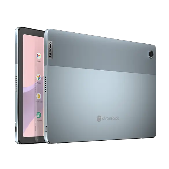 Two Lenovo IdeaPad Duet 3 Chromebooks (11" QCOM) displayed side by side. The left device shows the front view with a pink and purple gradient background and app icons on the screen. The right device shows the back view, highlighting the Lenovo logo, Chromebook branding, and a rear camera.