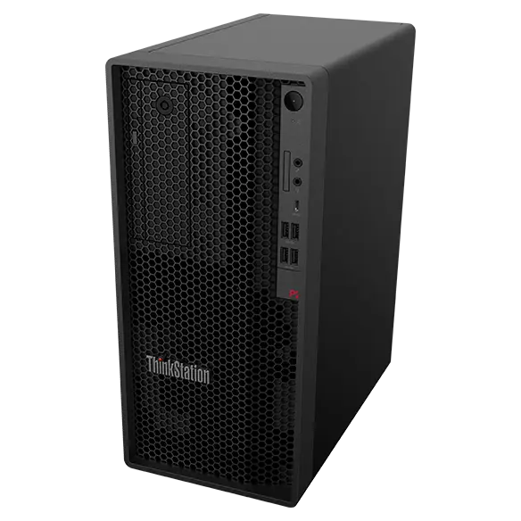 Font, right side view of the Lenovo ThinkStation P2 Tower workstation captured from above the ground level, focusing its front grid architecture and ports with the ThinkStation logo.