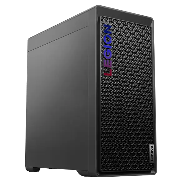 High-angle, front-left corner view of the Legion Tower 5i Gen 8 (Intel) gaming PC, showing the standard left panel, front mesh venting, and brightly lit Legion logo.