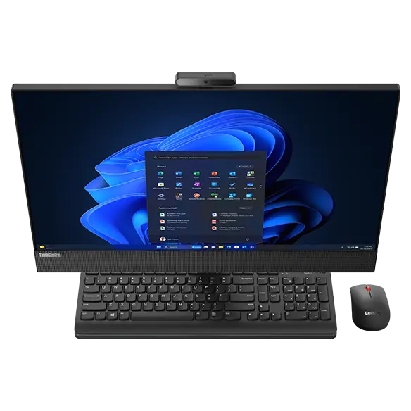 Aerial view of forward-facing Lenovo ThinkCentre M90a Gen 5 (24″ Intel) all-in-one PC, showing display, with keyboard on base & wireless mouse