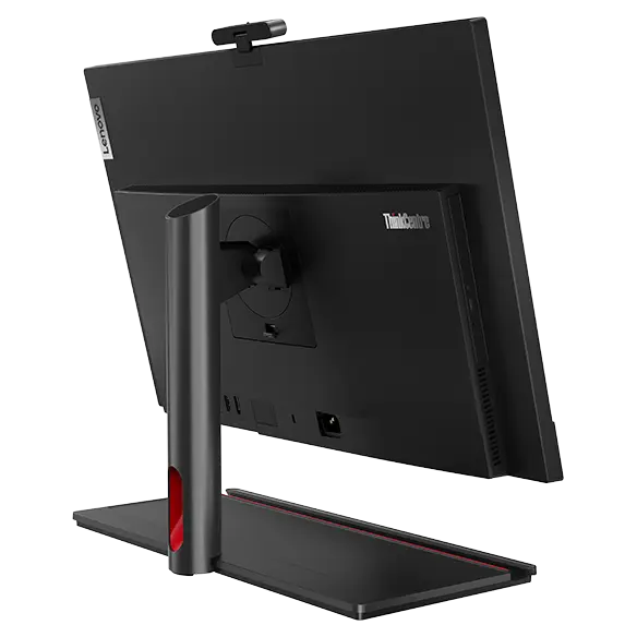 Side view of rear-facing Lenovo ThinkCentre M90a Gen 5 (24″ Intel) all-in-one PC, showing rear cover & ports, & back of tilt-only stand