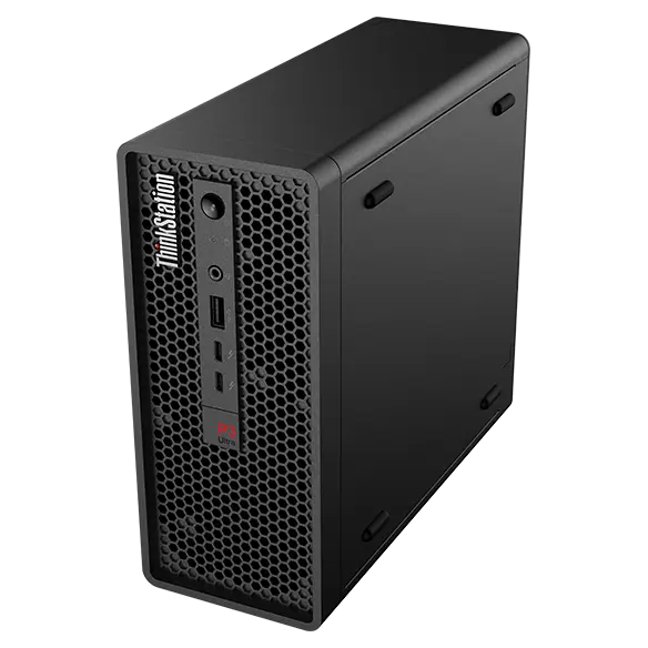 Aerial view of Lenovo ThinkStation P3 Ultra Workstation, at slight angle, showing front ports, top panel, & right-side panel