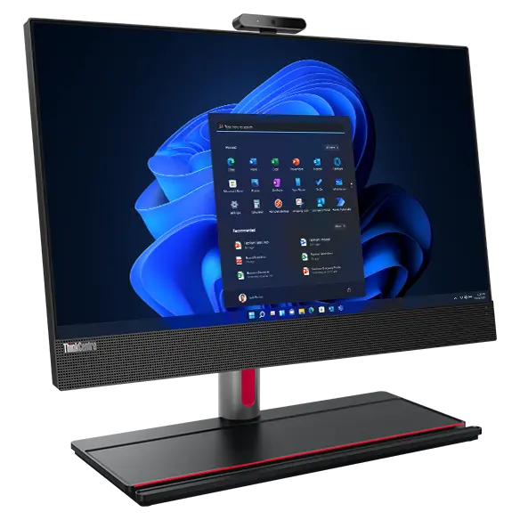 Lenovo ThinkCentre M90a Gen 5 (24″ Intel) all-in-one PC, at an angle, showing display, Full Function Monitor Stand, & placeholder for phone & keyboard